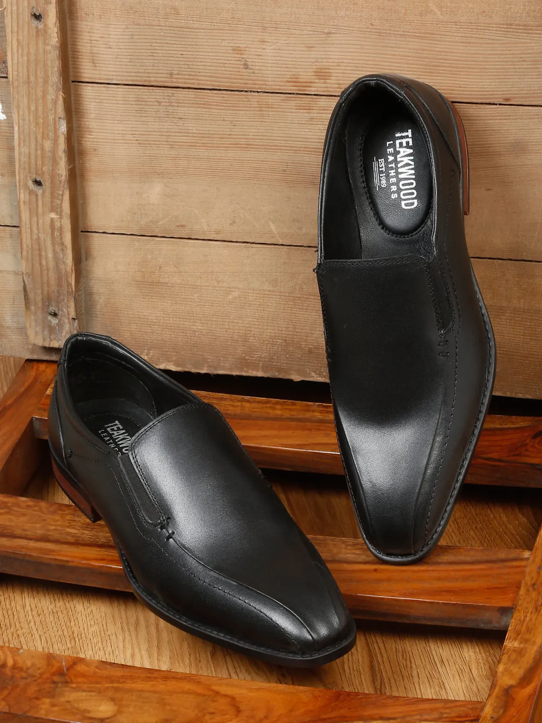 Men Black Solid Leather Formal Slip-On Loafers - Clearance sale