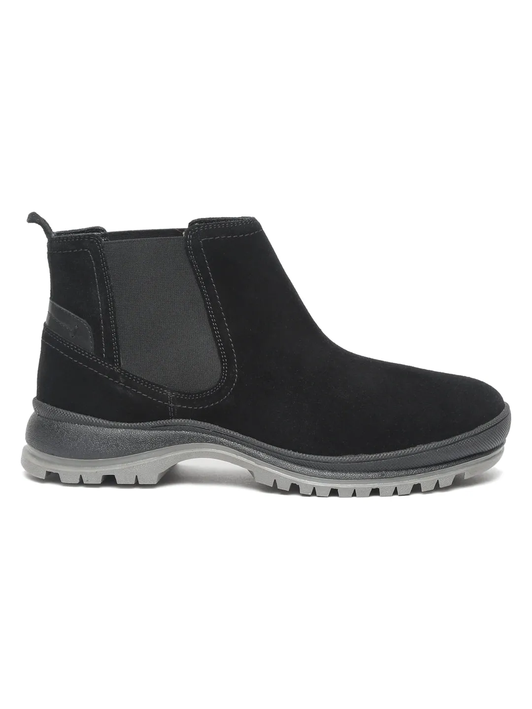 Men Black Solid Leather High-Top Flat Boots