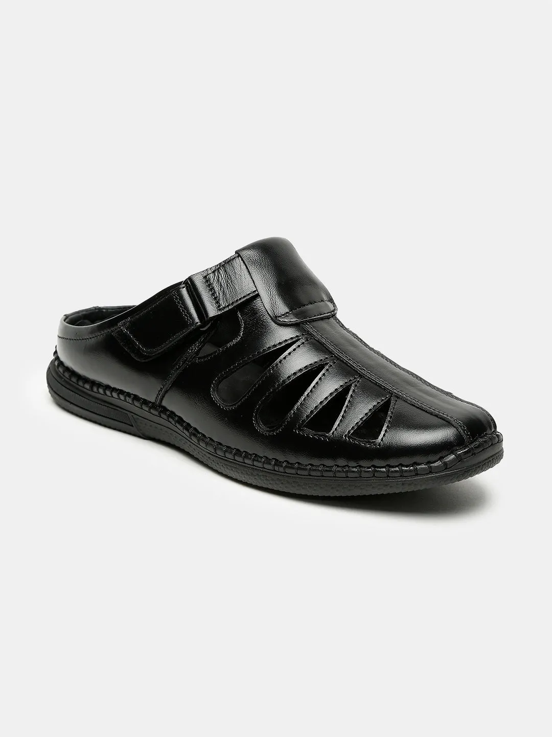 Men Black Solid Leather Shoe- Style Sandals