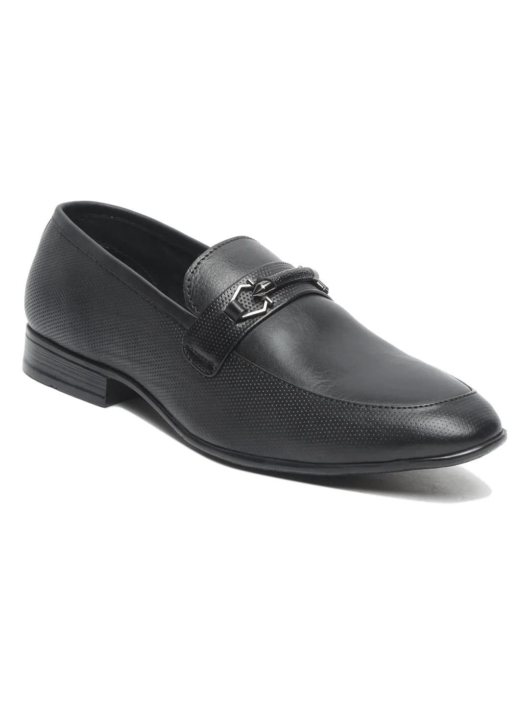 Men Black Texture Genuine Leather Formal Loafers