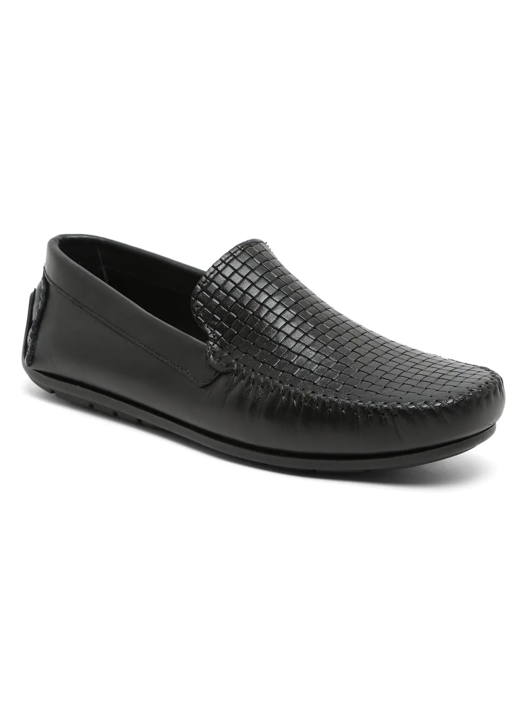 Men Black Texture Genuine Leather Loafers