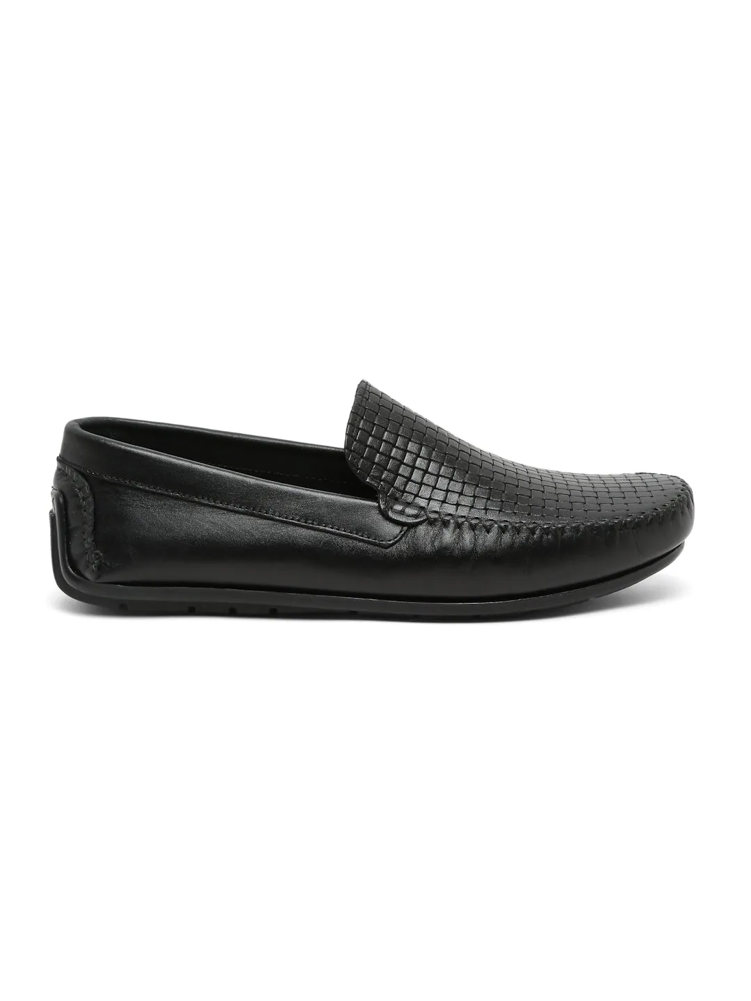 Men Black Texture Genuine Leather Loafers