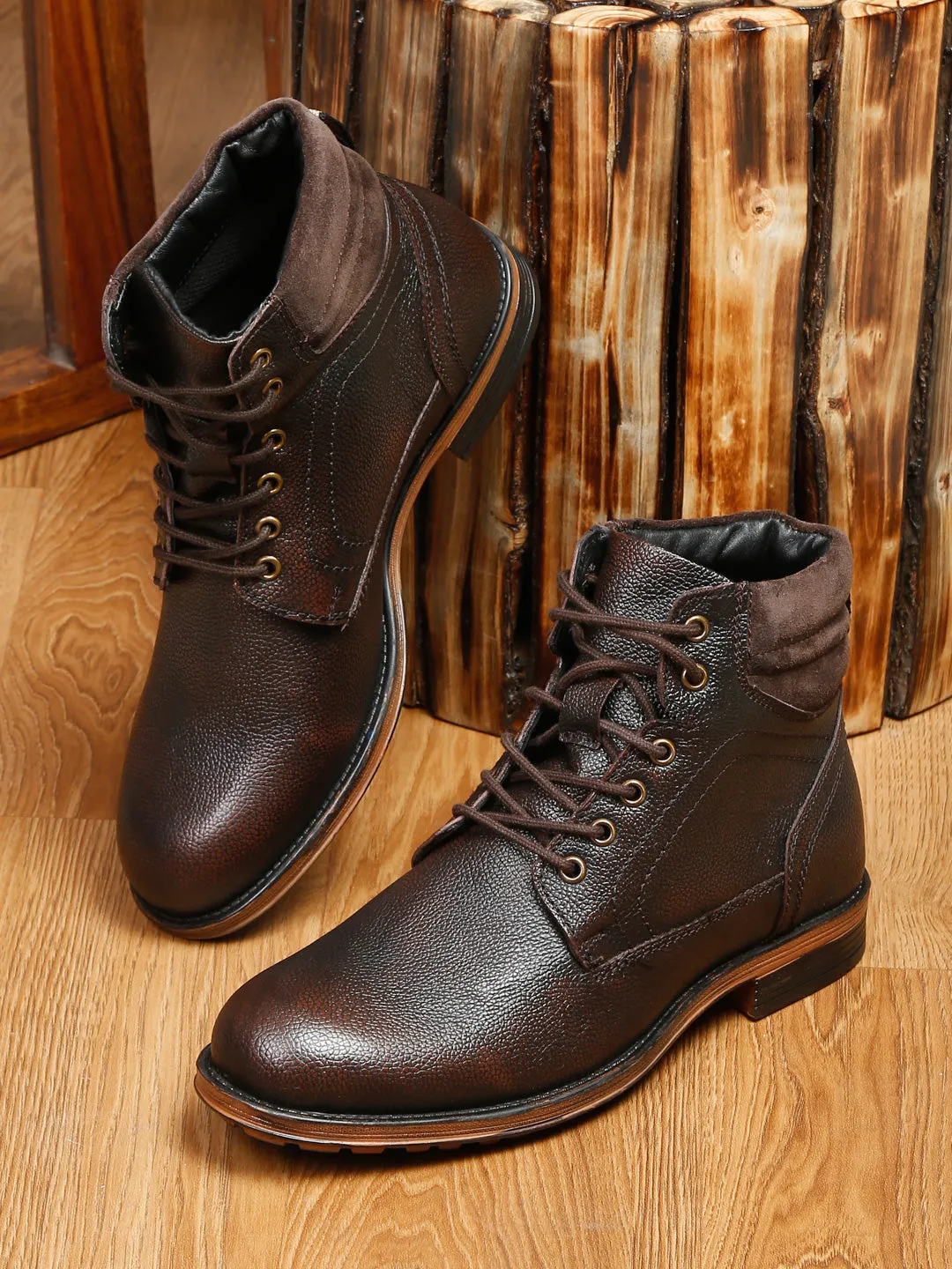 Men Brown Solid Genuine Leather Mid-Top Laceup Boots