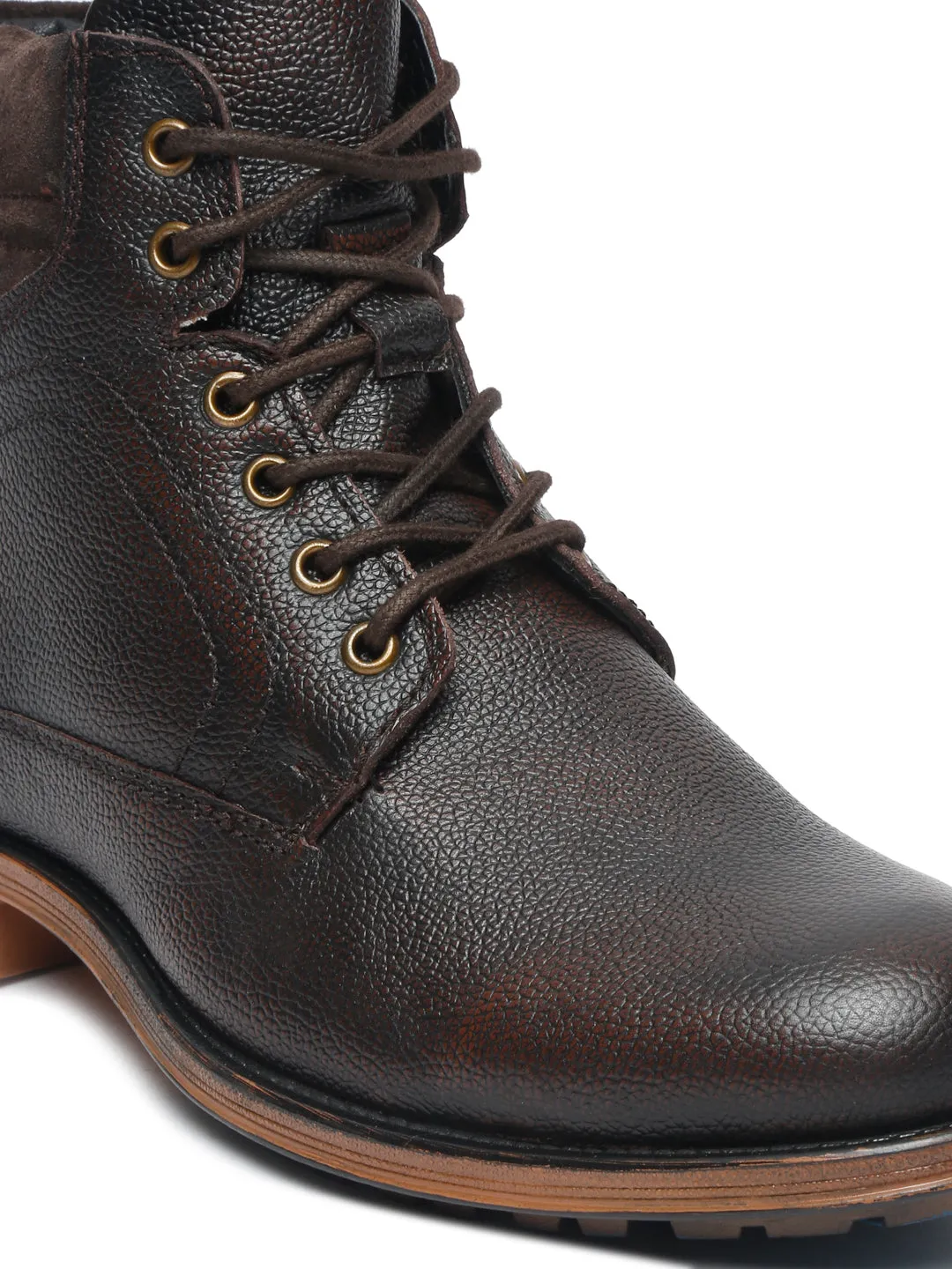 Men Brown Solid Genuine Leather Mid-Top Laceup Boots