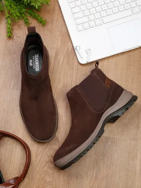 Men Brown Solid Leather High-Top Flat Boots