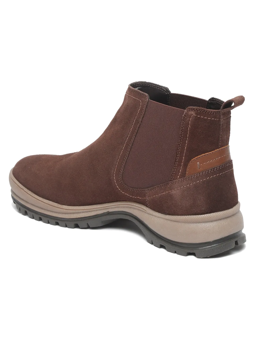 Men Brown Solid Leather High-Top Flat Boots