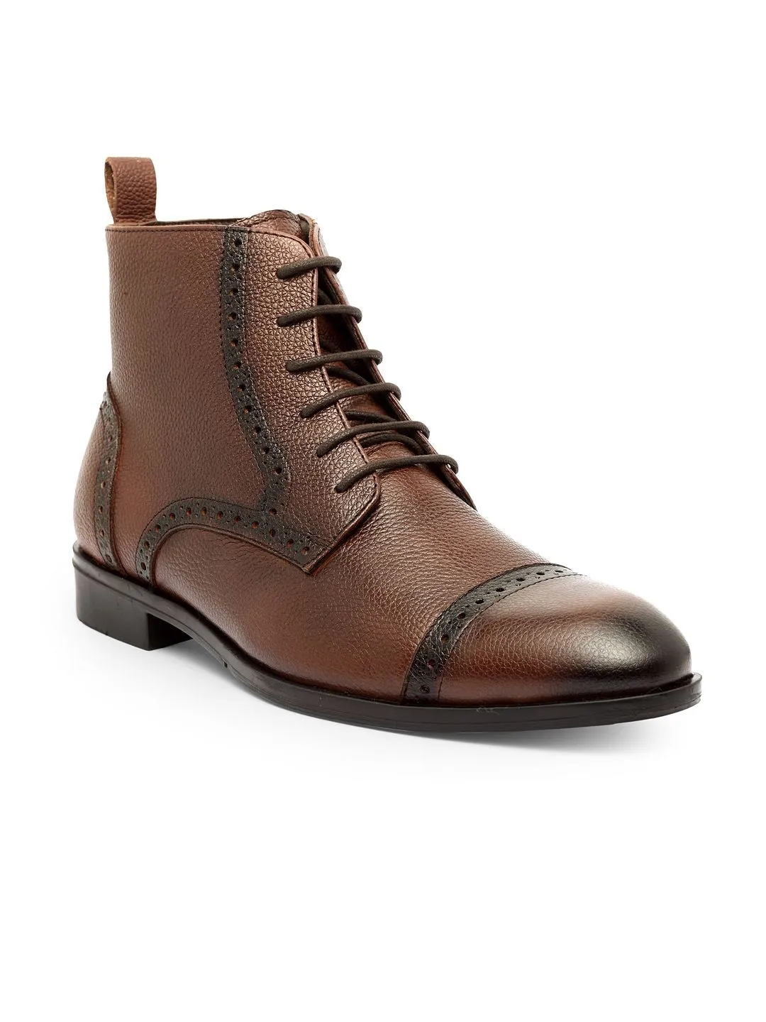 Men Brown Solid Leather Round Toe Mid-Top Flat Boots