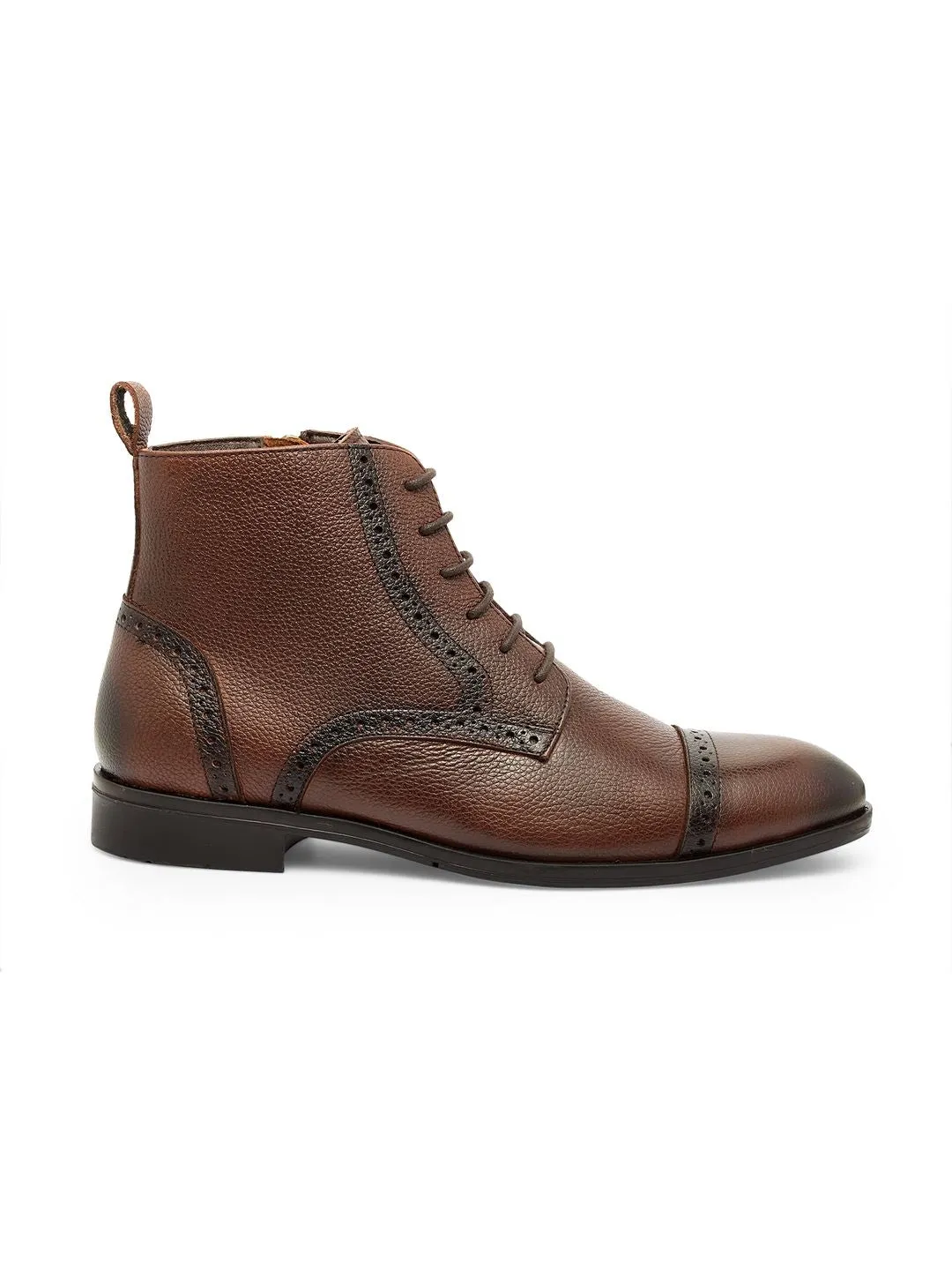 Men Brown Solid Leather Round Toe Mid-Top Flat Boots