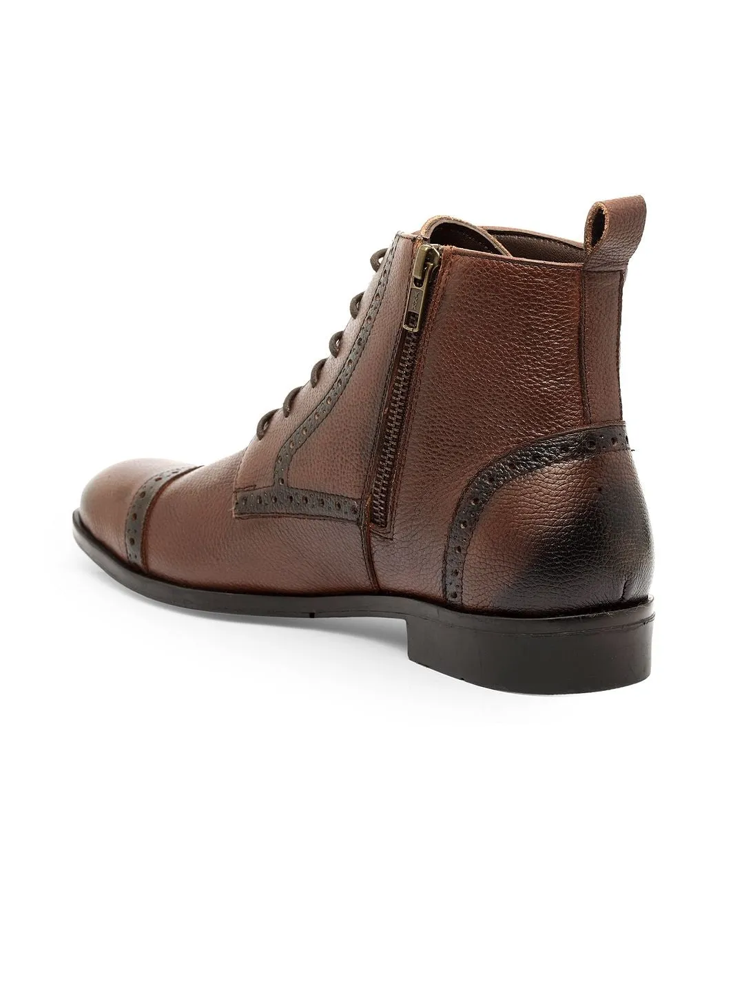 Men Brown Solid Leather Round Toe Mid-Top Flat Boots