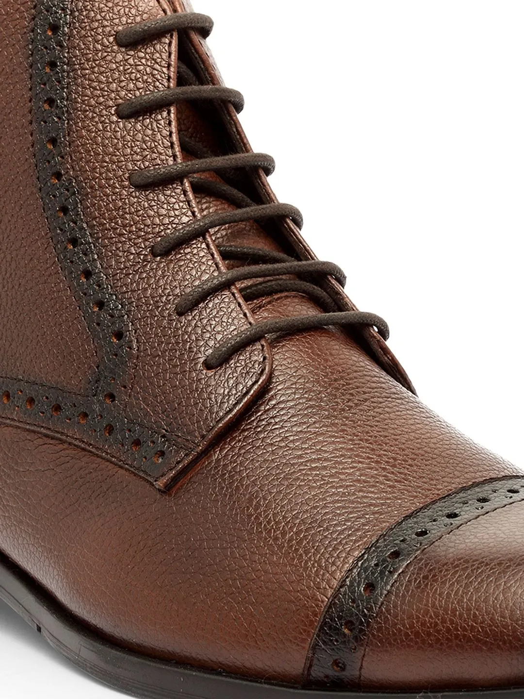 Men Brown Solid Leather Round Toe Mid-Top Flat Boots