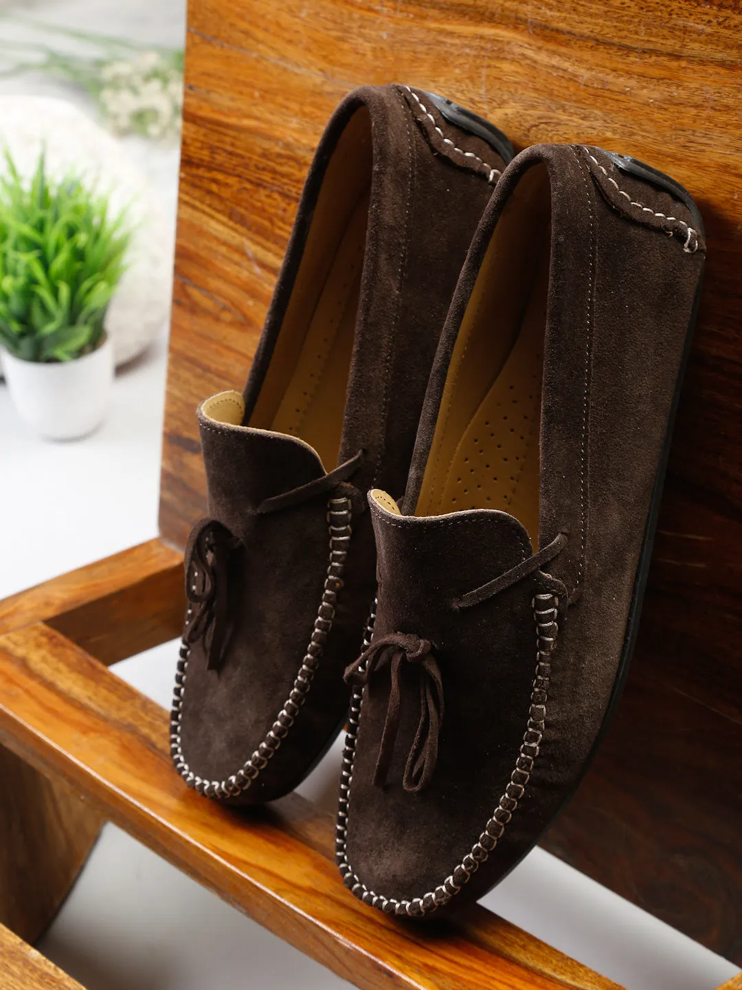 Men Brown Solid Suede Casual Loafers