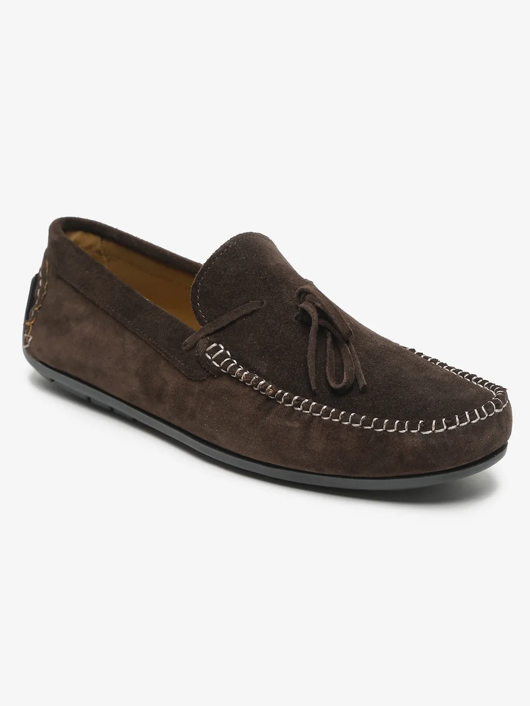 Men Brown Solid Suede Casual Loafers