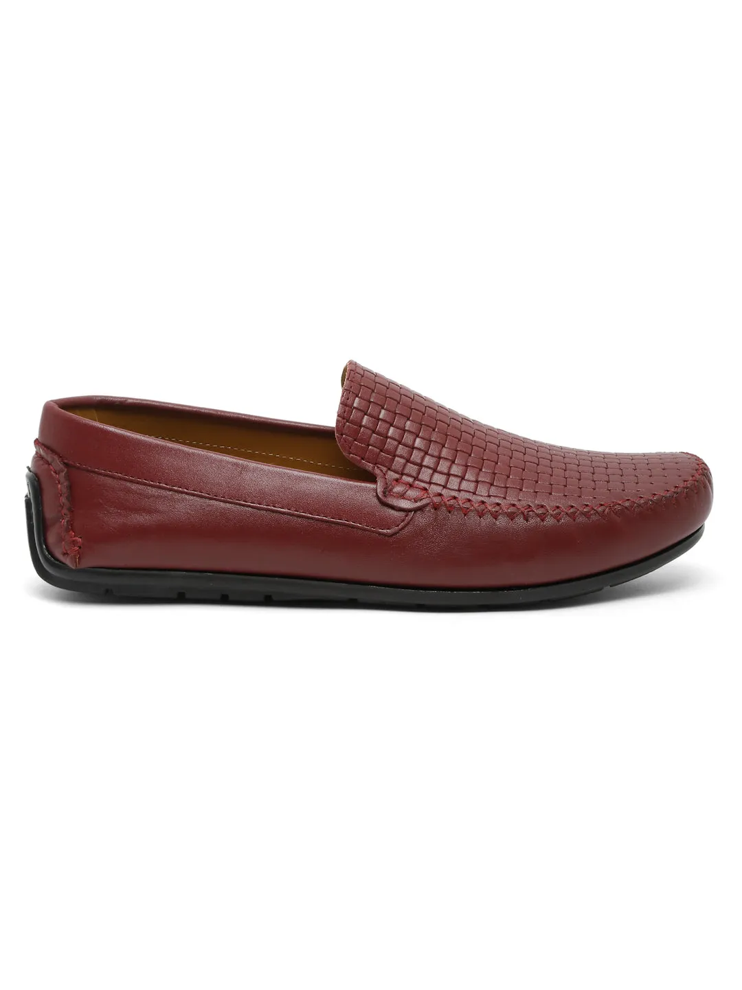 Men Maroon Texture Genuine Leather Loafers