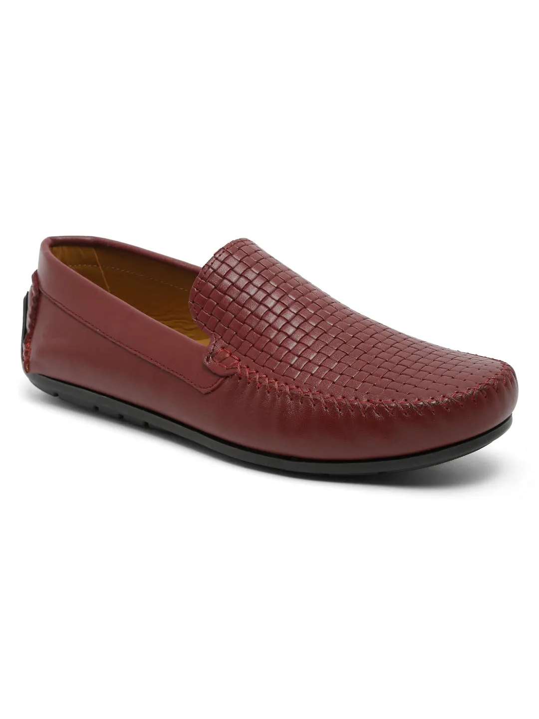 Men Maroon Texture Genuine Leather Loafers