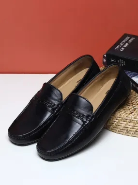 Men Solid Genuine Leather Black Loafers