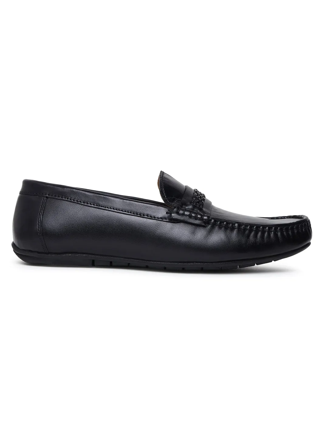 Men Solid Genuine Leather Black Loafers