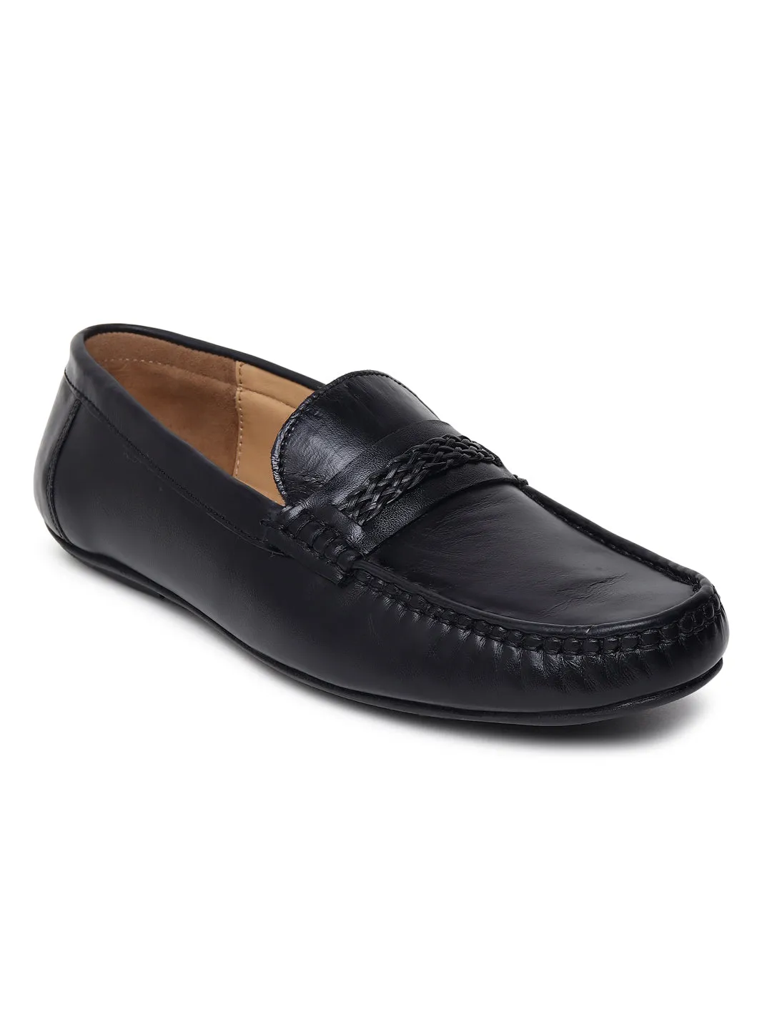 Men Solid Genuine Leather Black Loafers