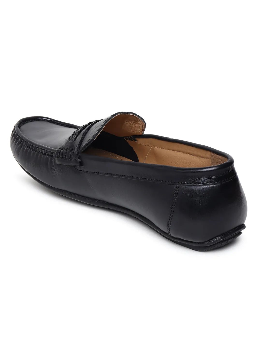 Men Solid Genuine Leather Black Loafers