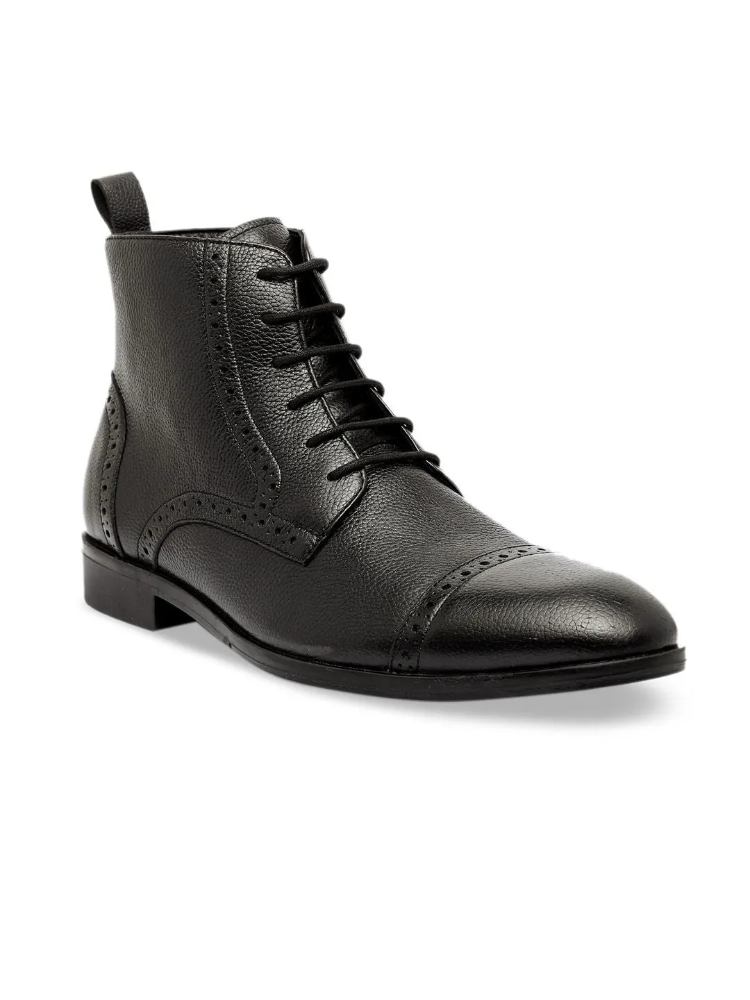 Men Solid Leather Round Toe Mid-Top Flat Boots