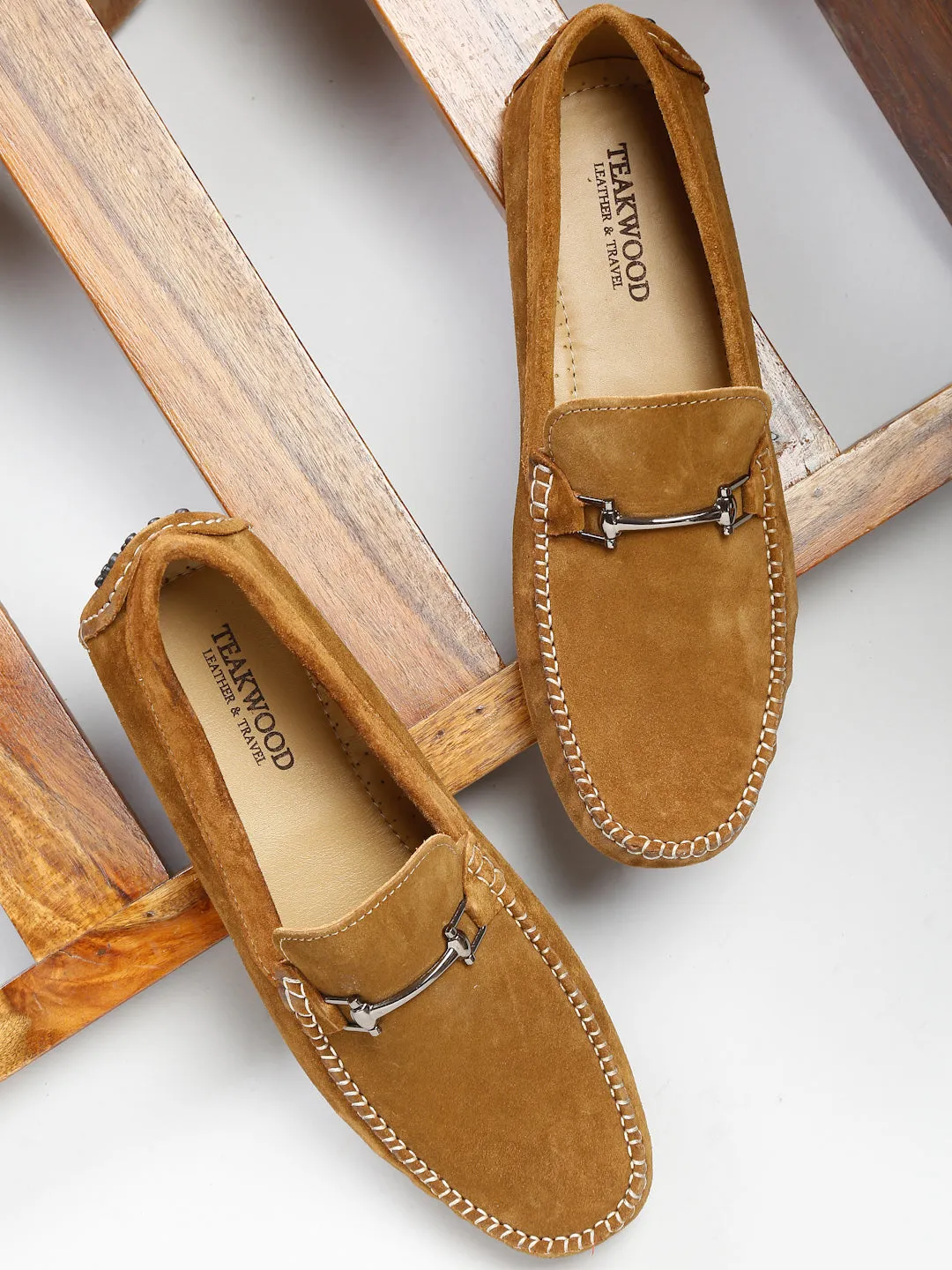 Men Tan Solid Suede Casual Loafers