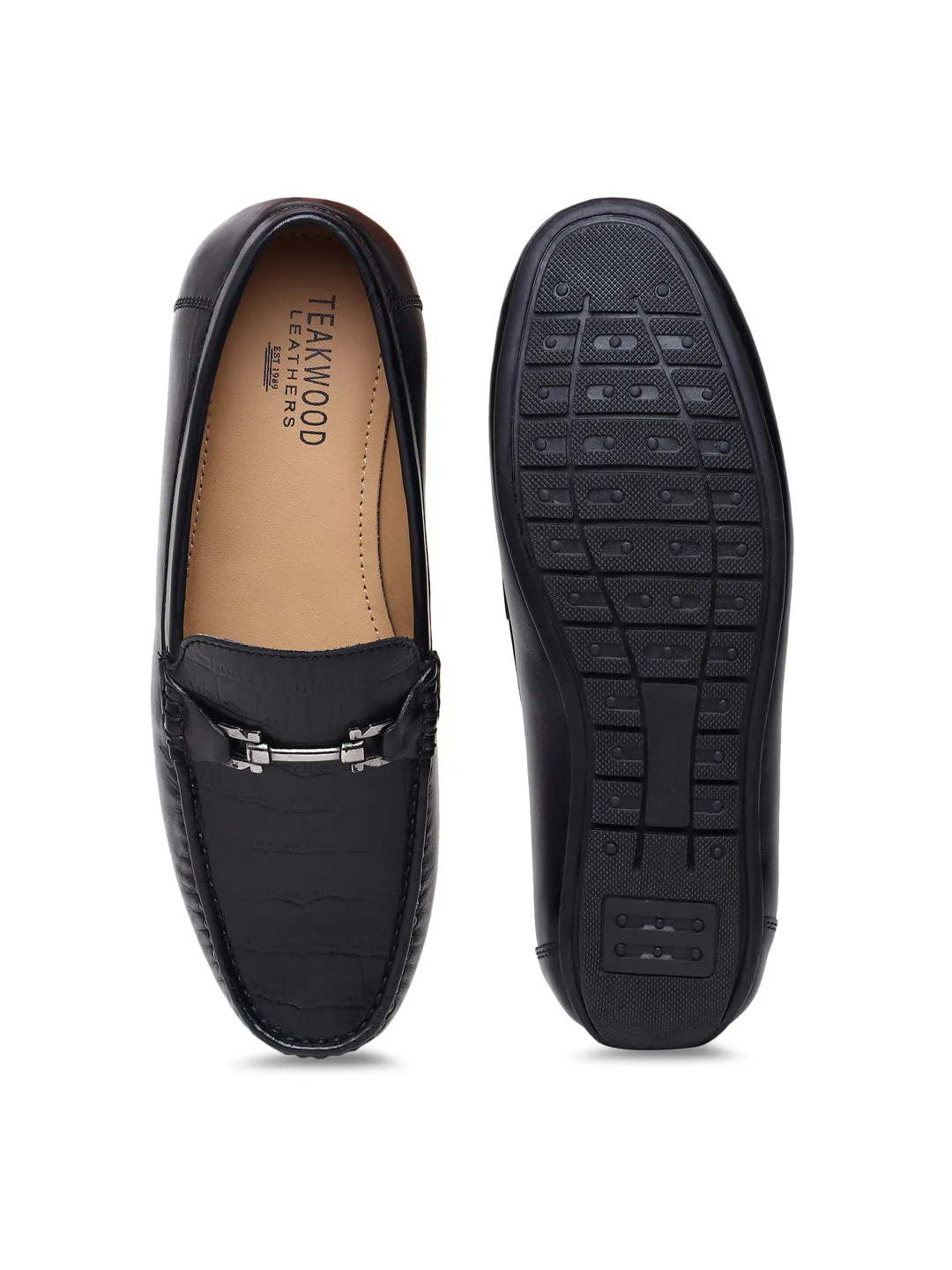 Men Texture Genuine Leather Black Loafers