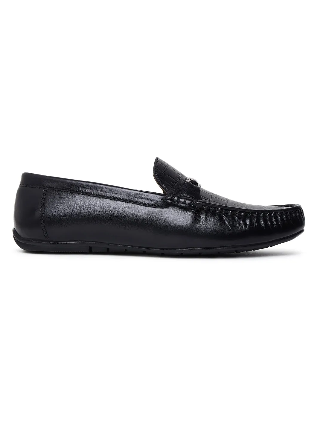 Men Texture Genuine Leather Black Loafers