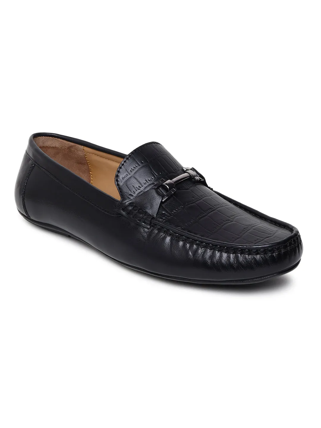 Men Texture Genuine Leather Black Loafers