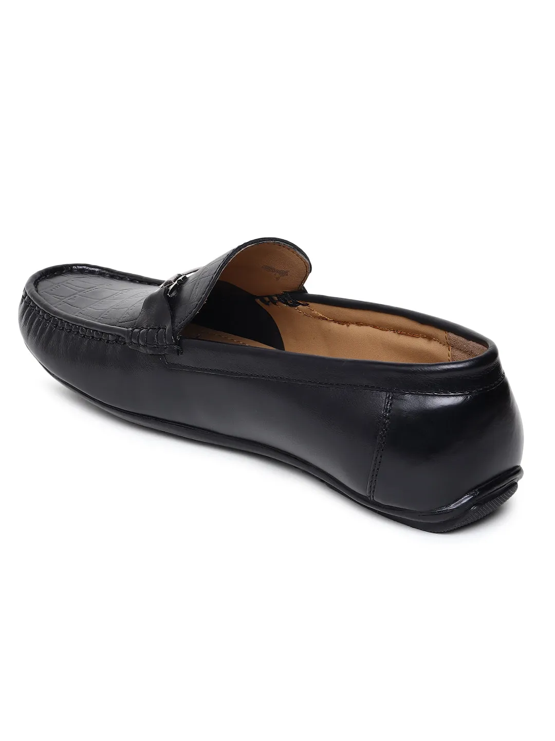 Men Texture Genuine Leather Black Loafers