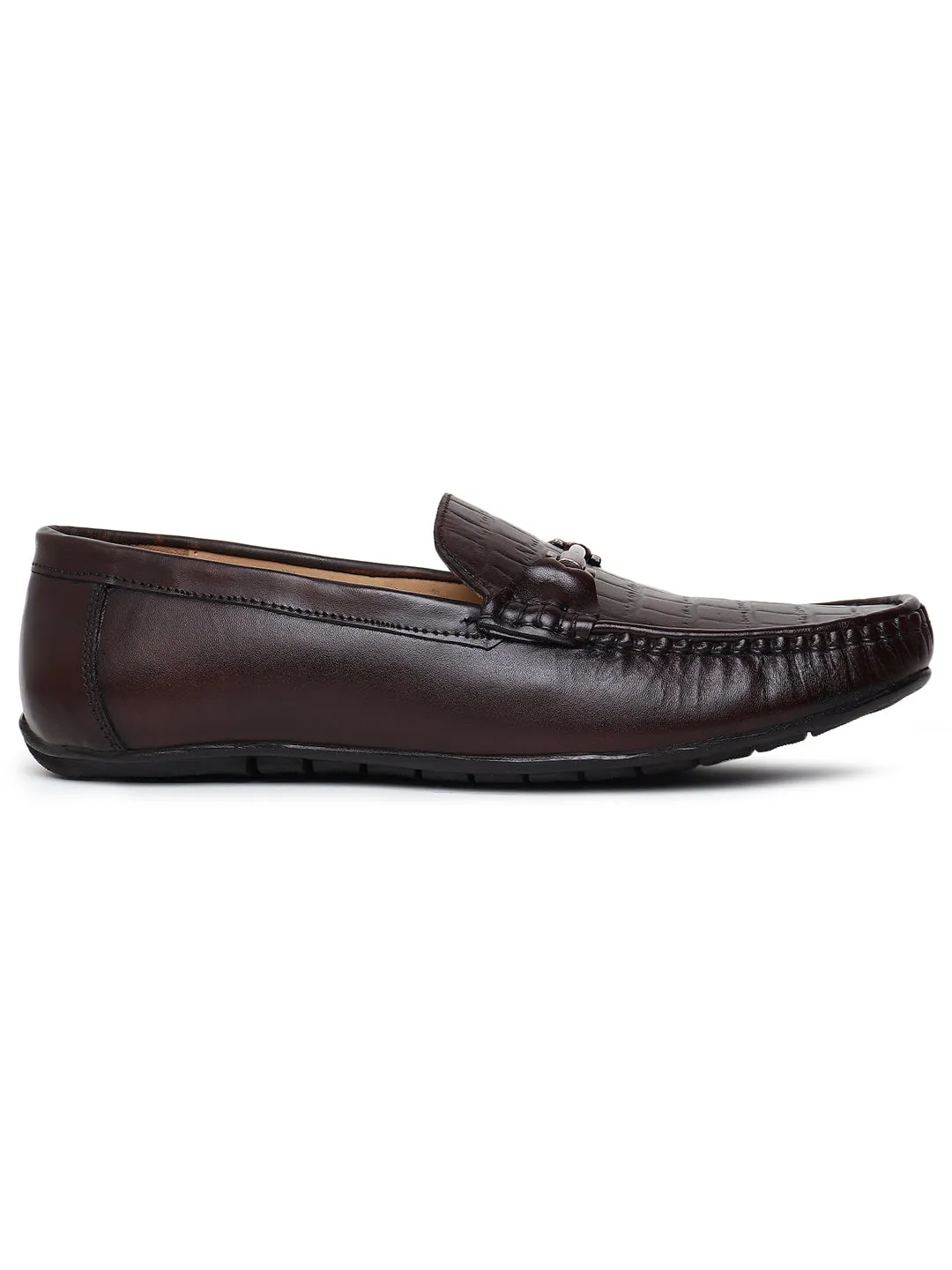 Men Texture Genuine Leather Brown Loafers