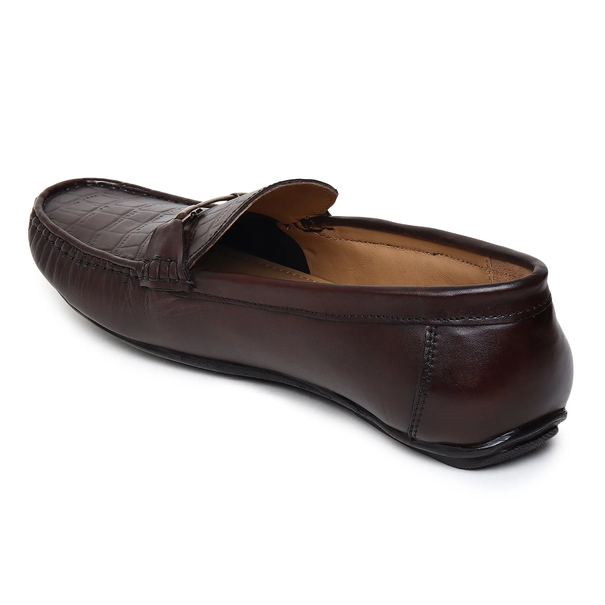 Men Texture Genuine Leather Brown Loafers