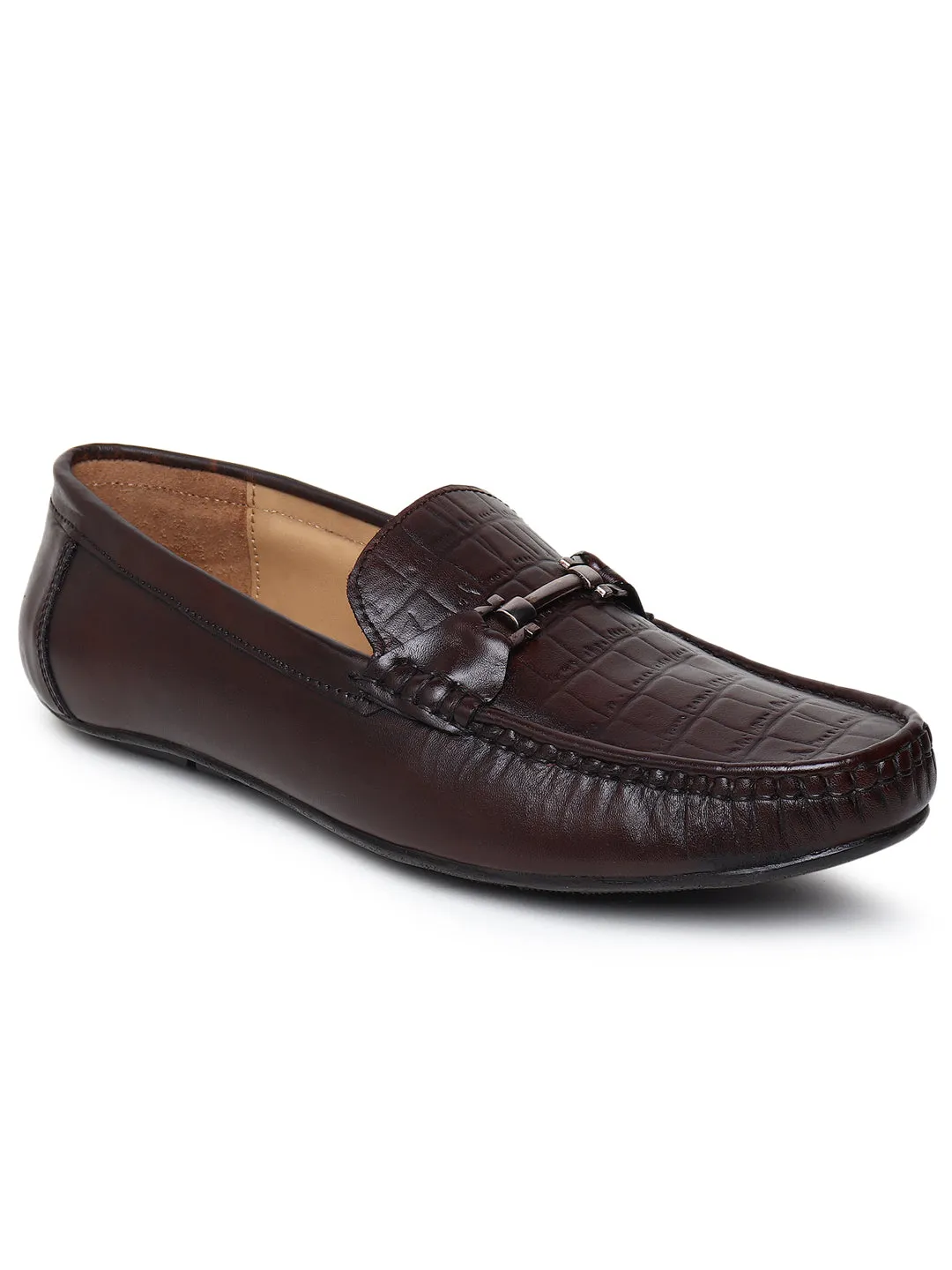 Men Texture Genuine Leather Brown Loafers