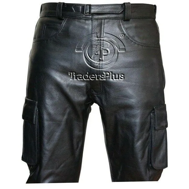 Mens 6 Pockets Jeans Style Black Combat Cargo Leather Trousers Pants