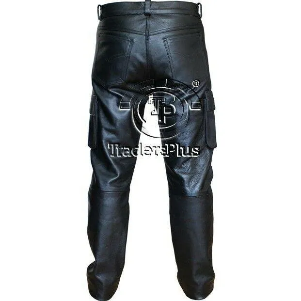 Mens 6 Pockets Jeans Style Black Combat Cargo Leather Trousers Pants