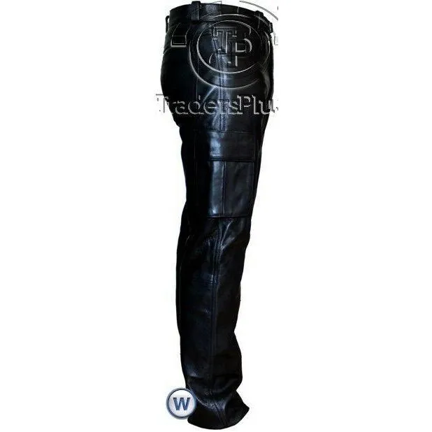 Mens 6 Pockets Jeans Style Black Combat Cargo Leather Trousers Pants