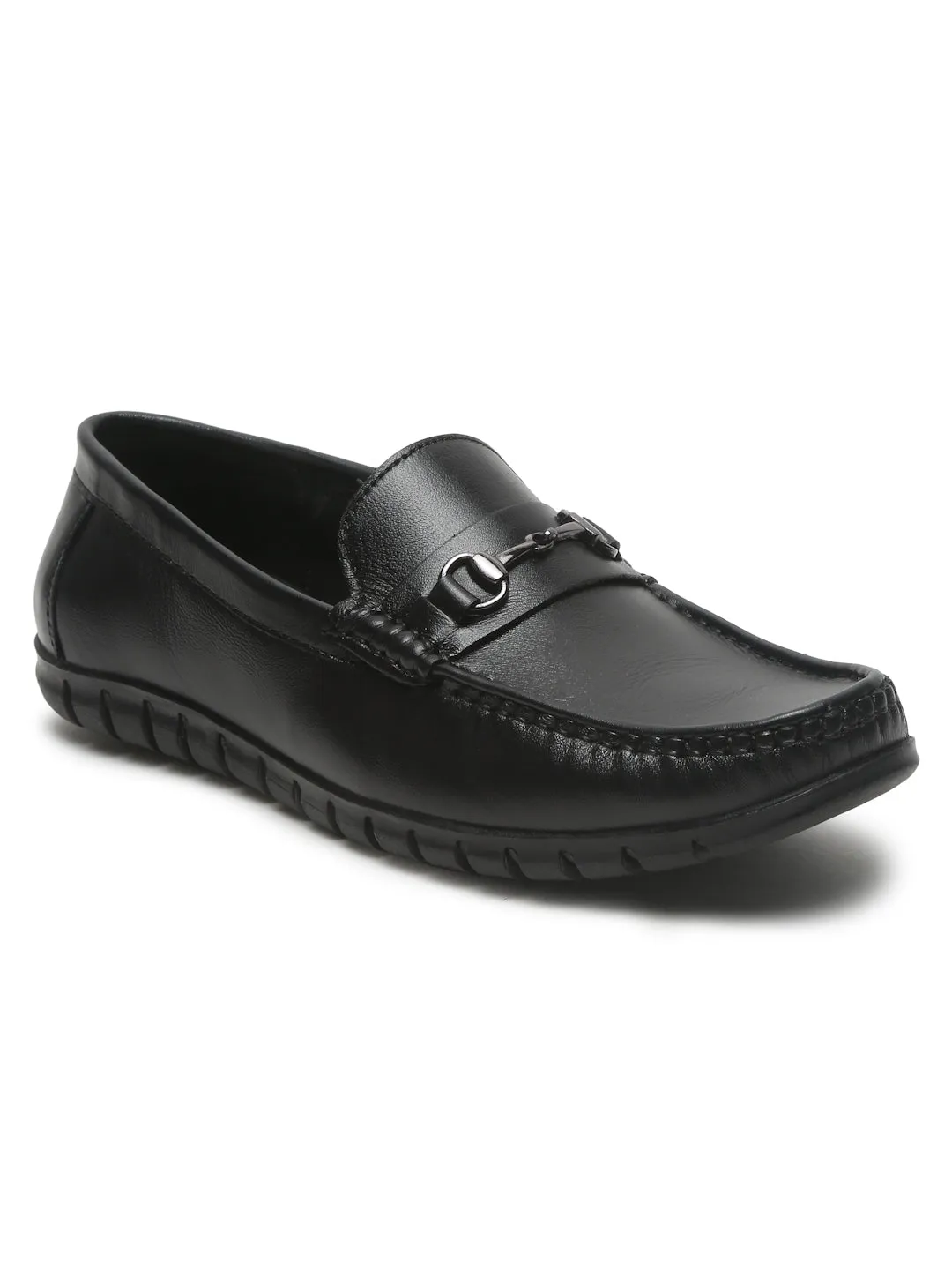 Men's Black Solid Leather Loafers