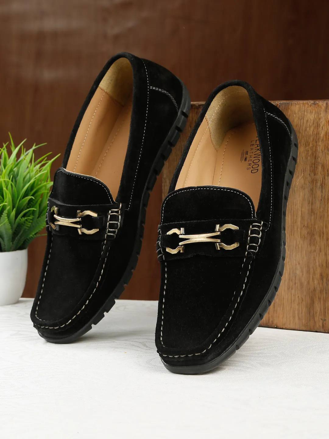 Men's Black Suede Leather Loafers With Antique Gold Buckle