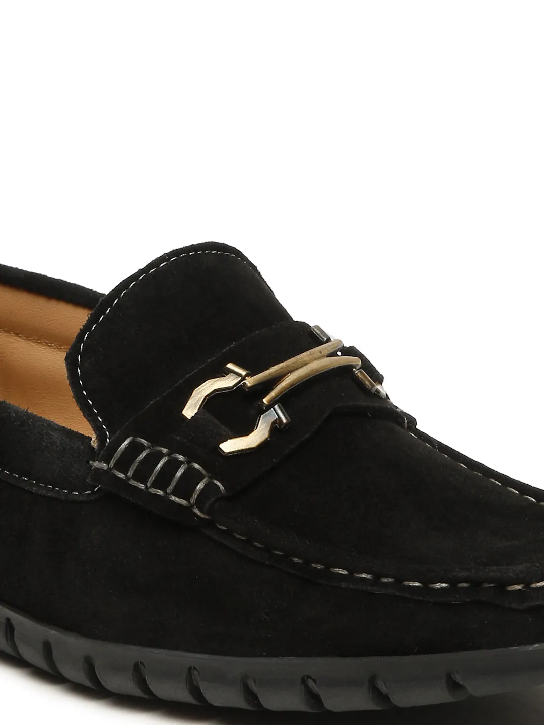 Men's Black Suede Leather Loafers With Antique Gold Buckle