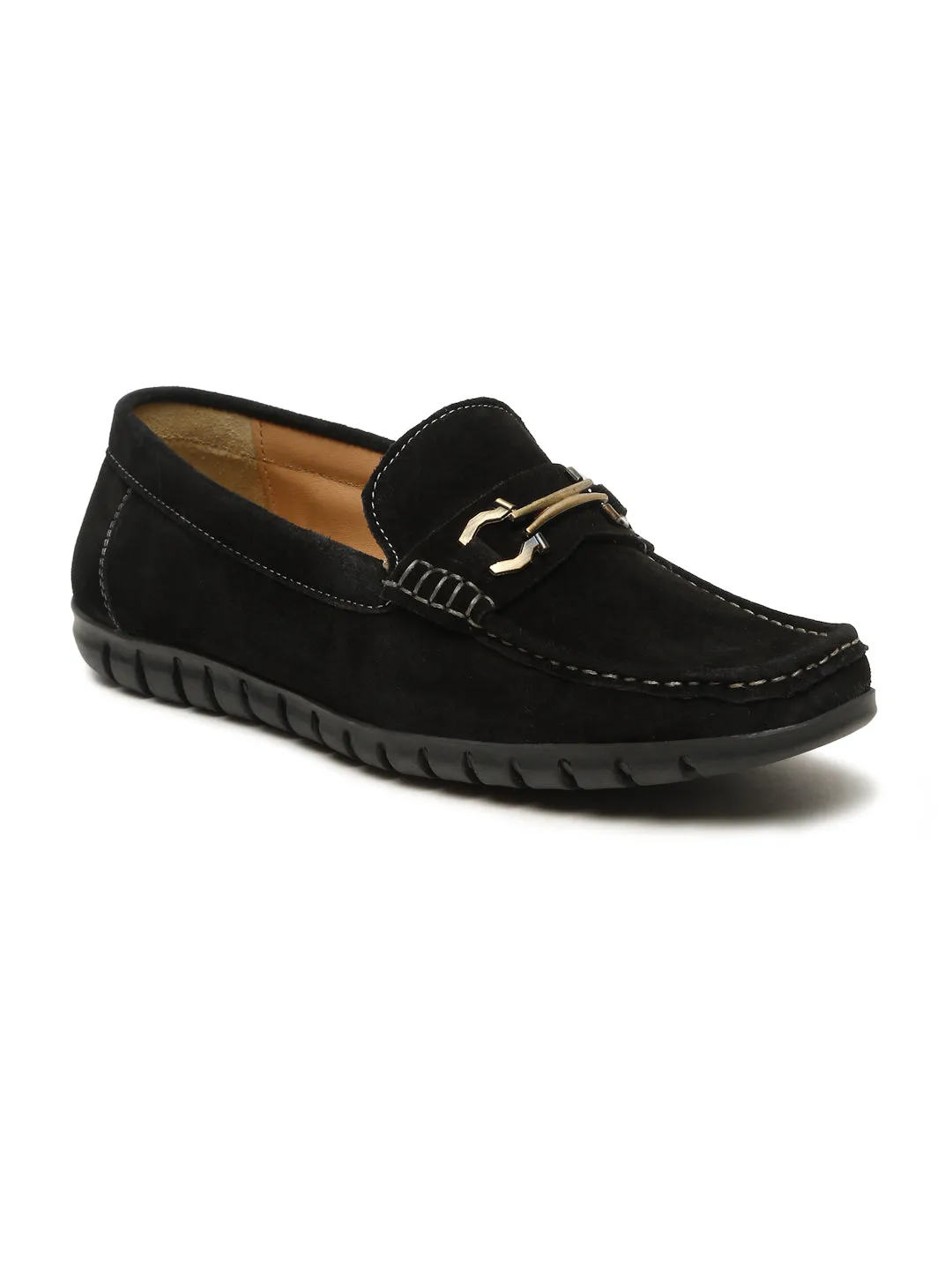 Men's Black Suede Leather Loafers With Antique Gold Buckle