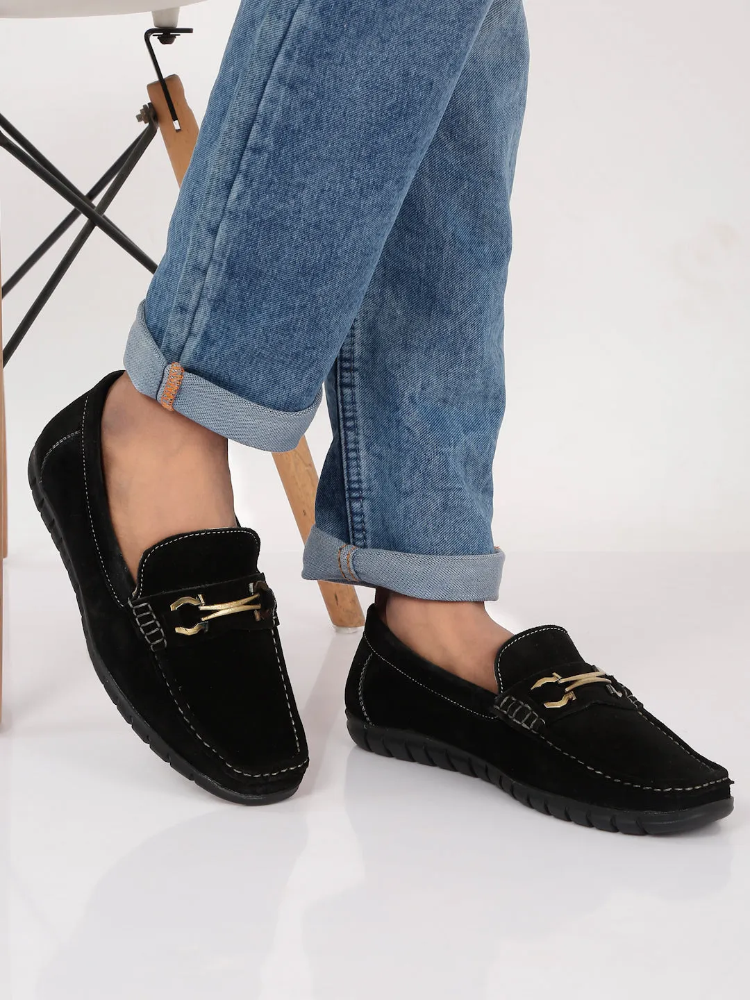 Men's Black Suede Leather Loafers With Antique Gold Buckle