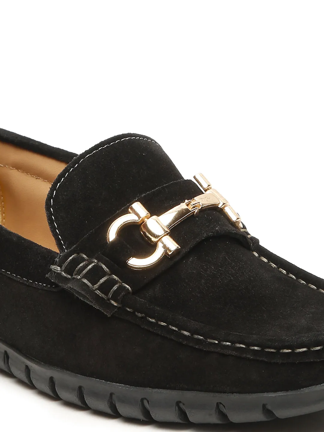 Men's Black Suede Leather Loafers With Golden Buckle