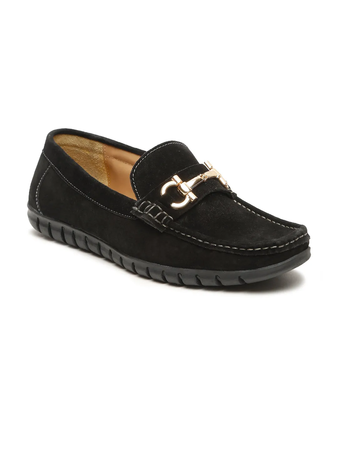 Men's Black Suede Leather Loafers With Golden Buckle