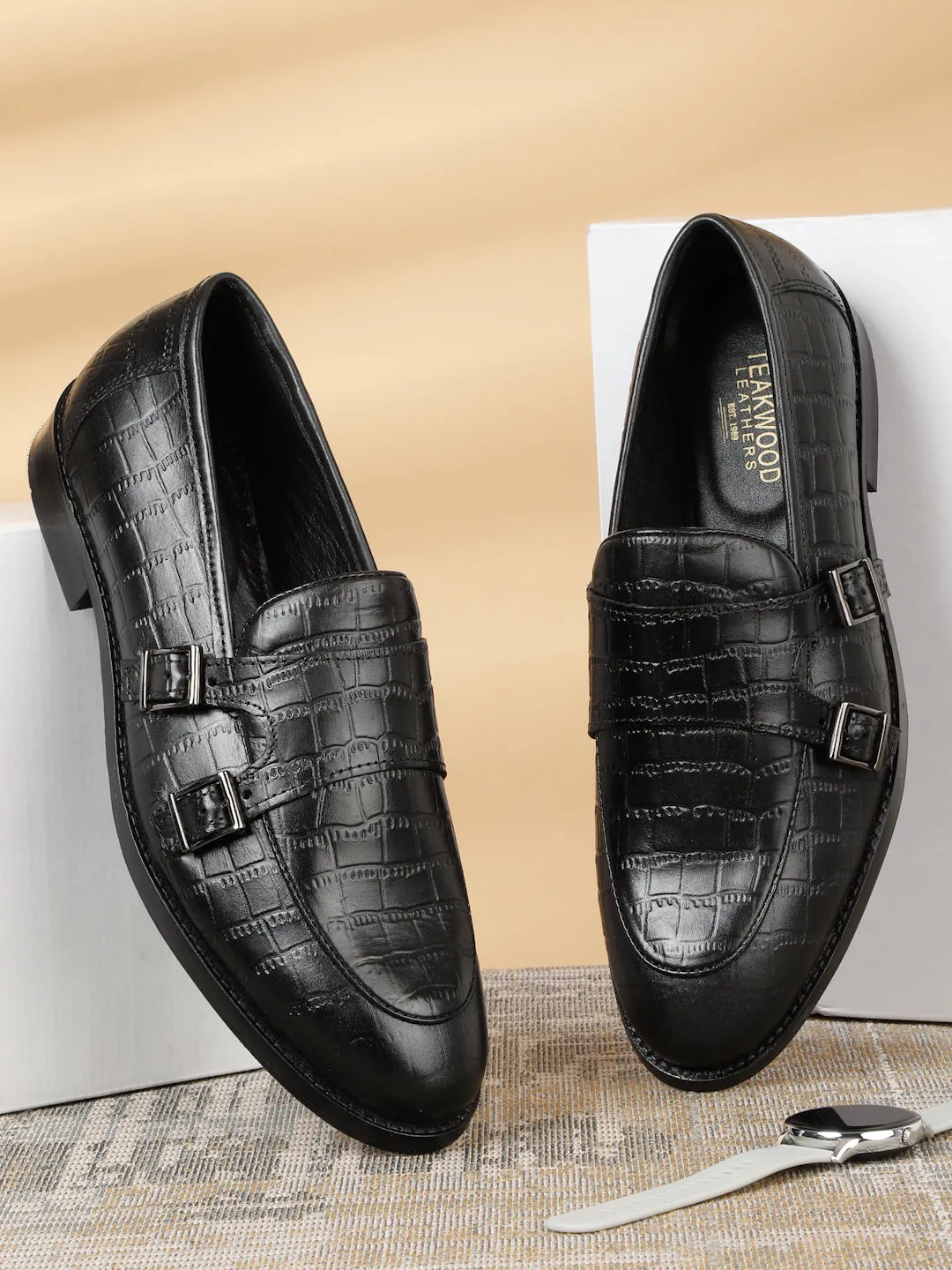 Men's Black Texture Leather Monk Strap Loafers