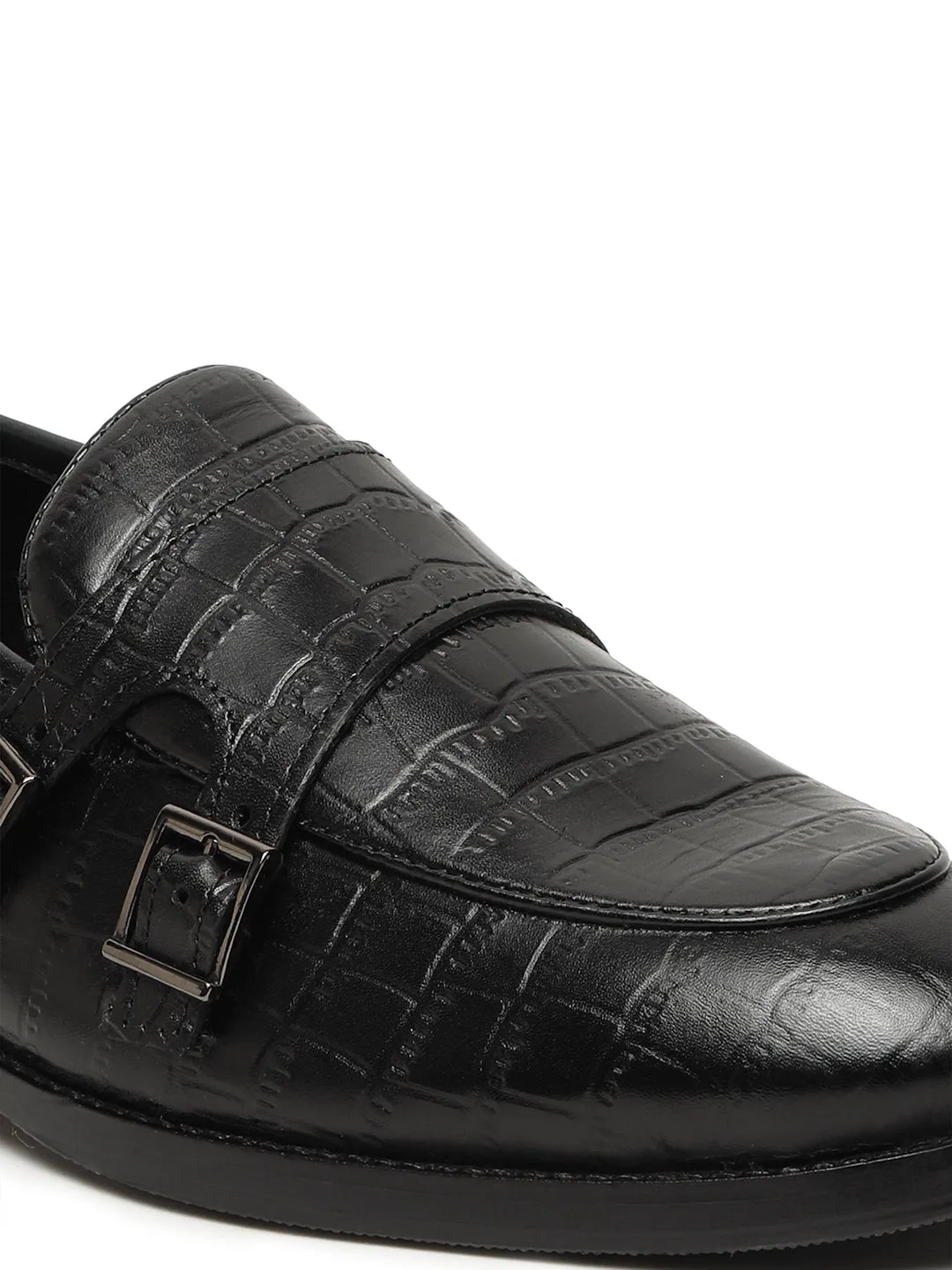 Men's Black Texture Leather Monk Strap Loafers