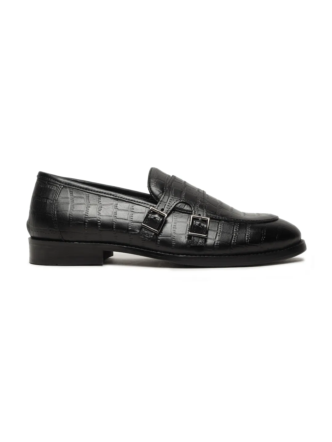 Men's Black Texture Leather Monk Strap Loafers