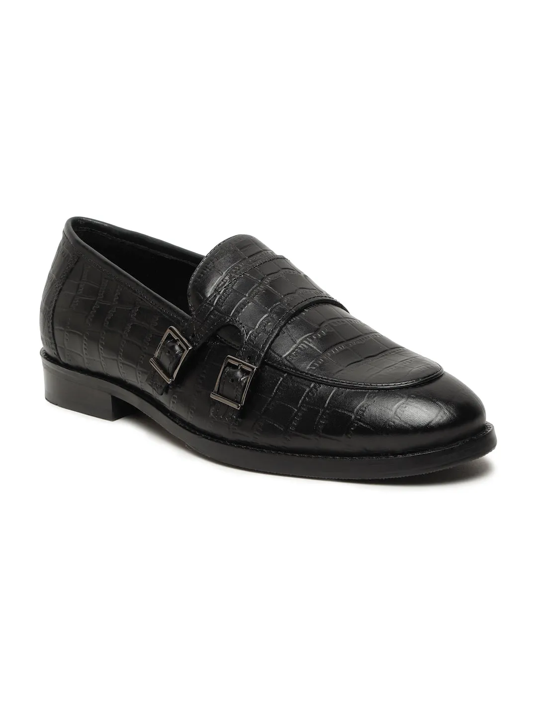 Men's Black Texture Leather Monk Strap Loafers