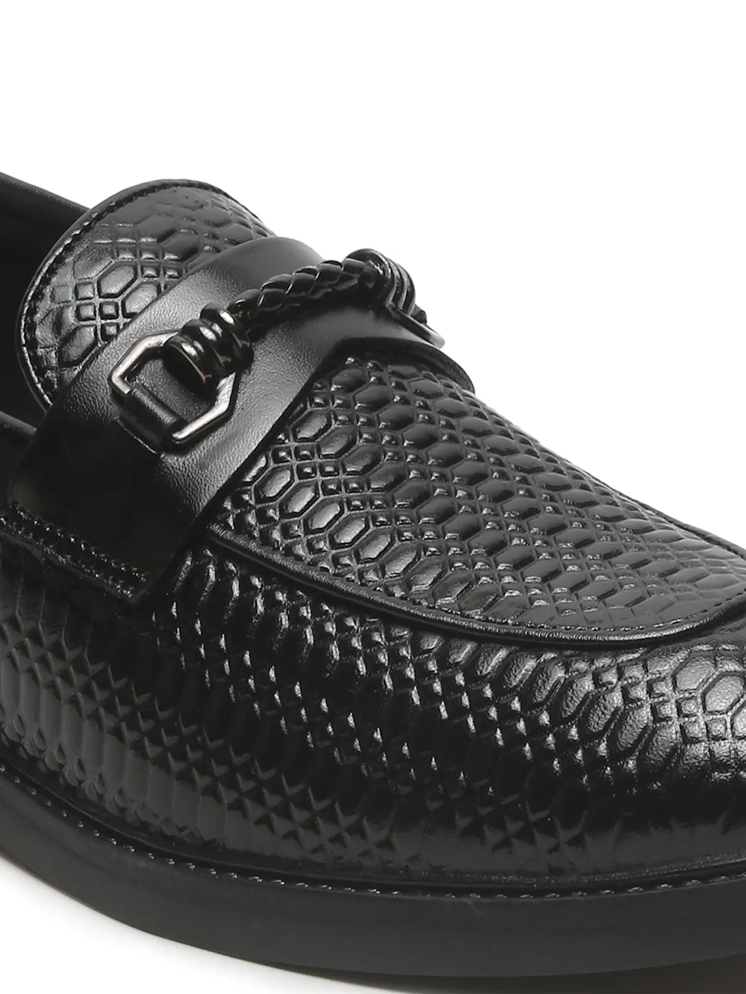 Men's Black Texture Patterned Leather Loafers