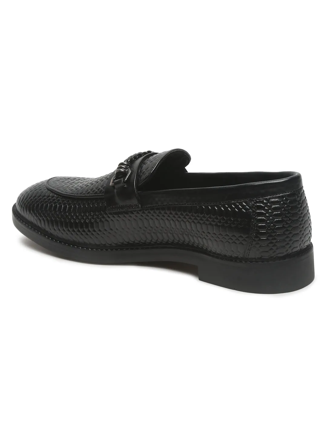 Men's Black Texture Patterned Leather Loafers