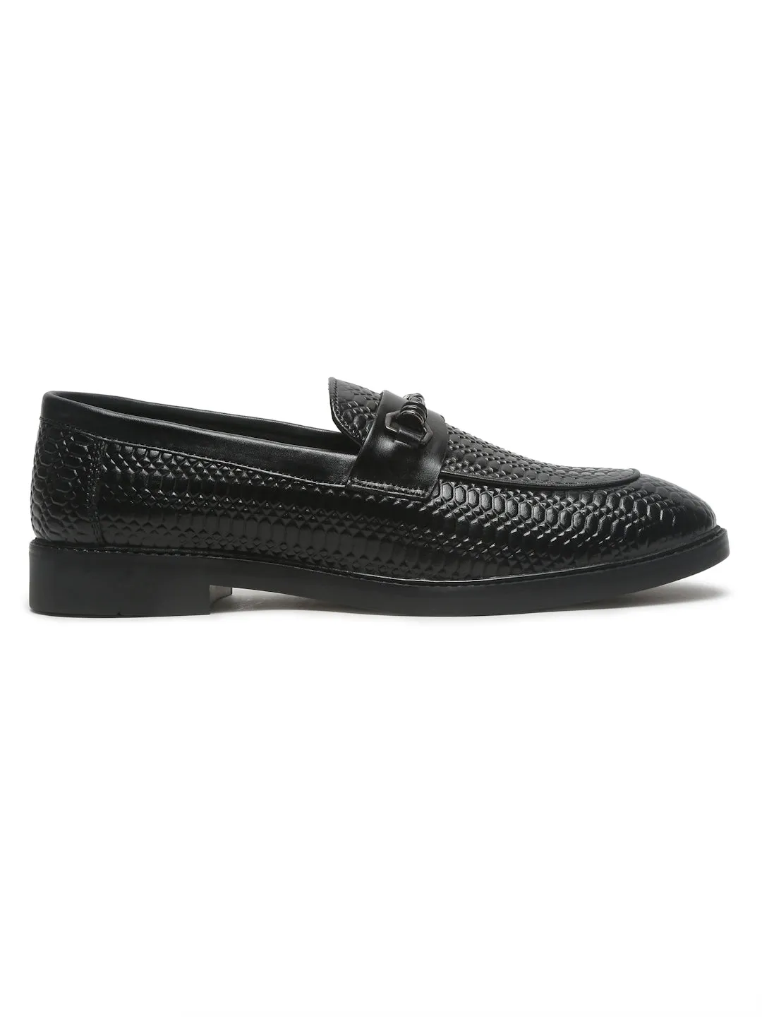 Men's Black Texture Patterned Leather Loafers