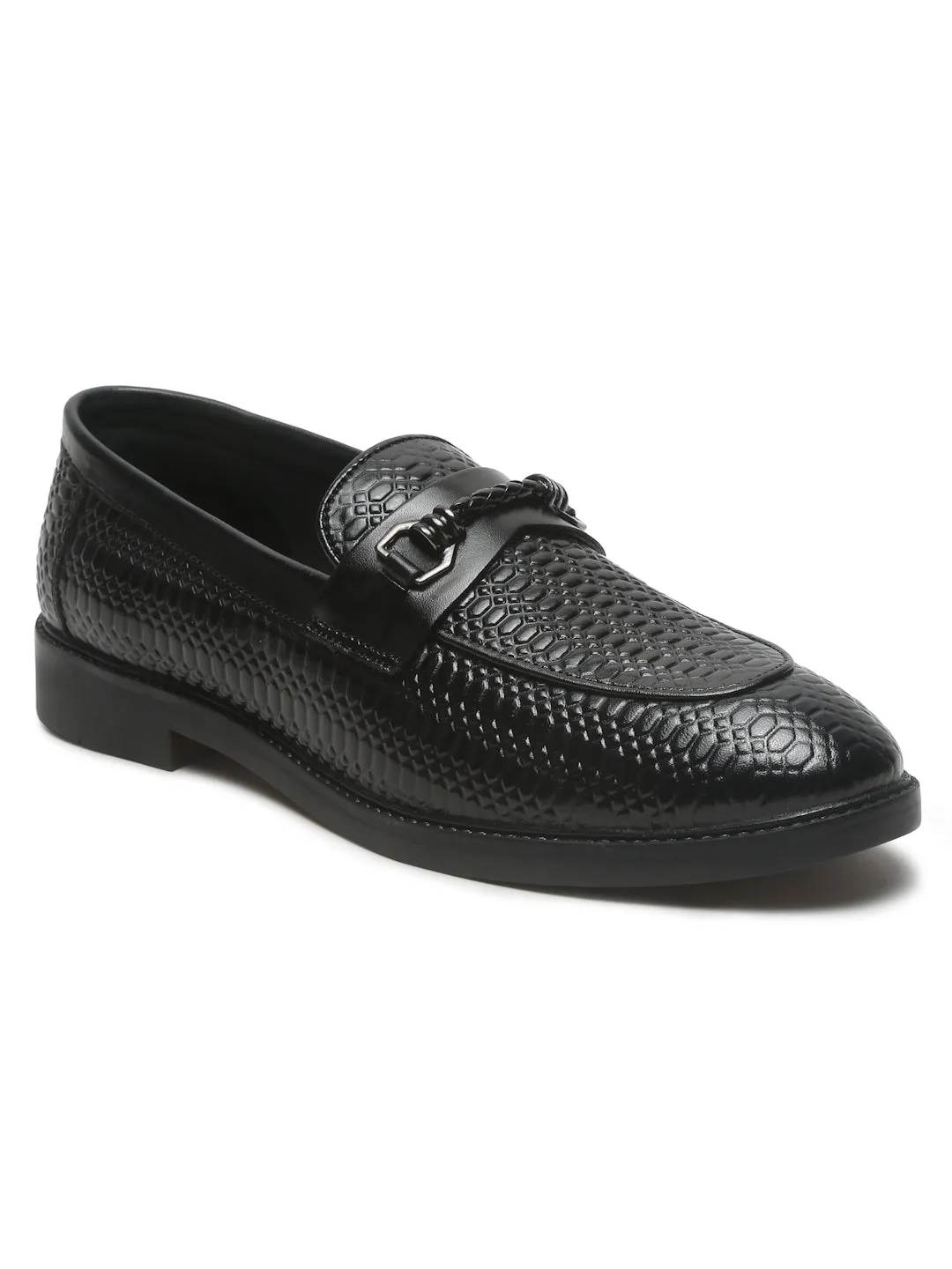 Men's Black Texture Patterned Leather Loafers