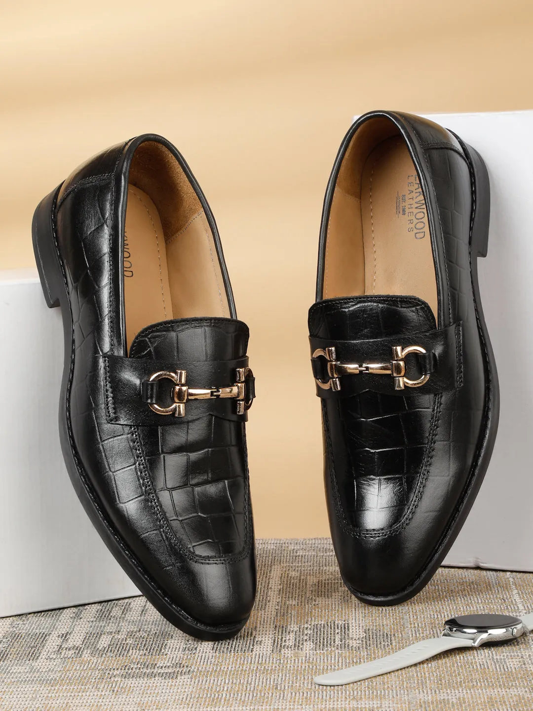 Men's Black Texture Slip-On Loafers With Buckle